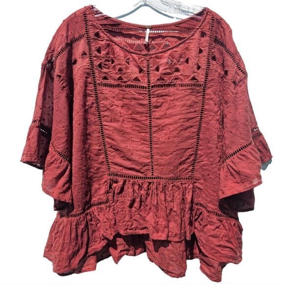 FREE PEOPLE - 1653 Beautiful Dreamer Blouse in Tuscan Red Oversized  MSRP $128 M - Picture 4 of 9